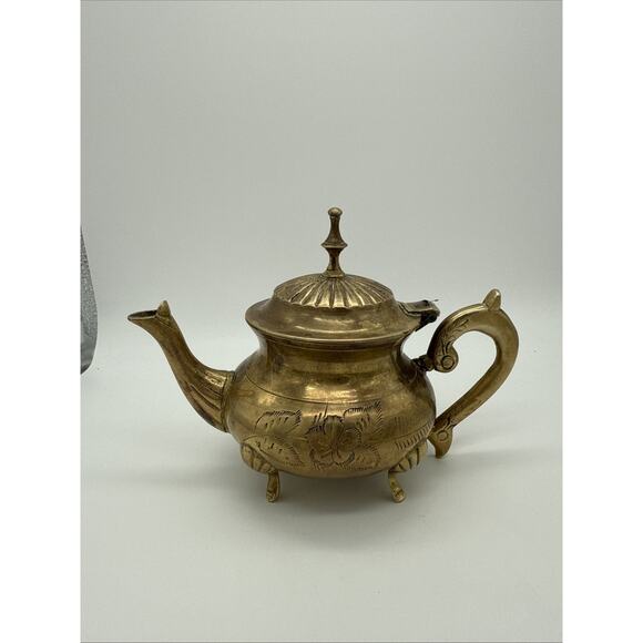 Brass Tea Pot Vintage Brass Tea Kettle Set Teapot India Cooking & Serving - Picture 4 of 12